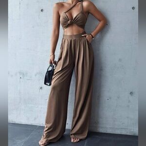 Ruched front one shoulder top and pleated pant set